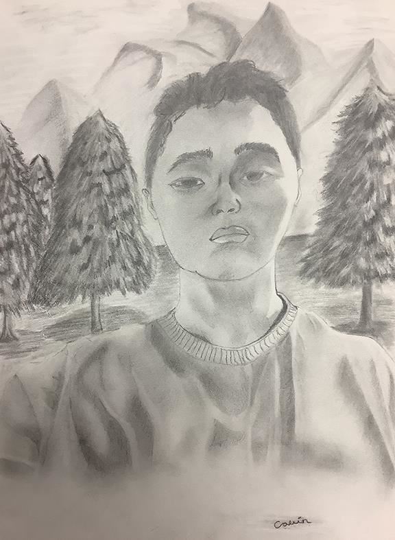 Black and whit drawing of  blank-faced boy in nature
